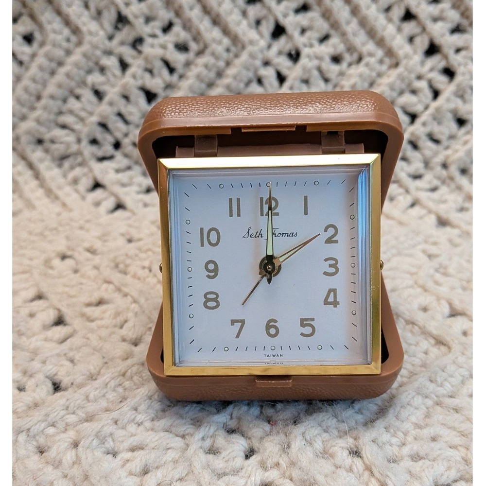 Vintage Seth Thomas Travel Alarm Clock Brown Folding Case Working Wind Up Taiwan